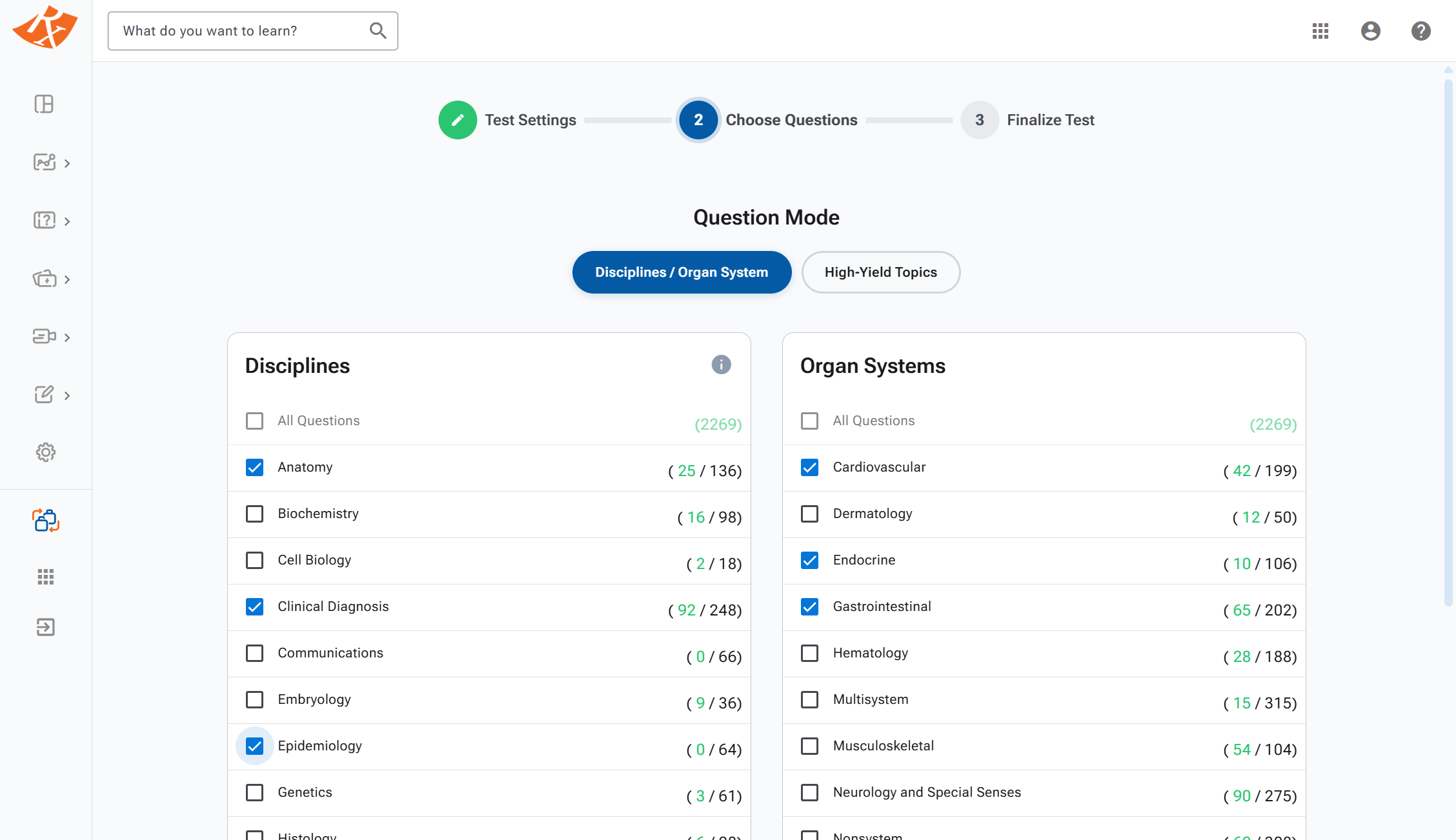 <span class="tour-num">01</span><span class="tour-title">Create your custom test</span><p class="tour-desc">Choose your topics, exam type, and mode to build a practice set that matches your goals.</p>