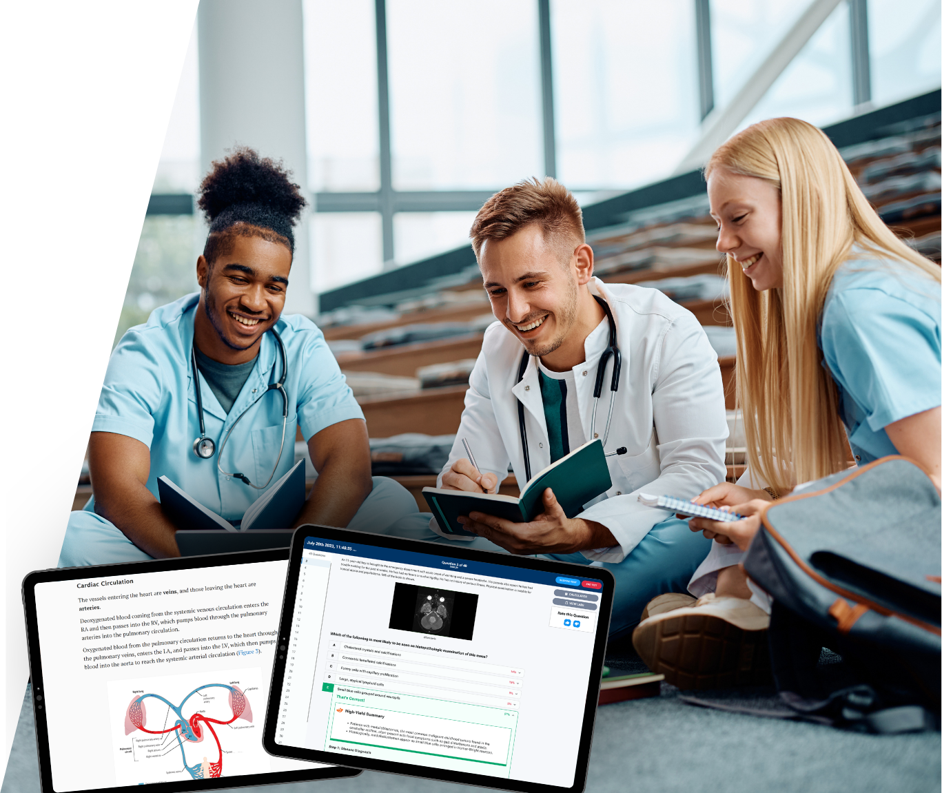 Medical students studying together with USMLE-Rx on tablets