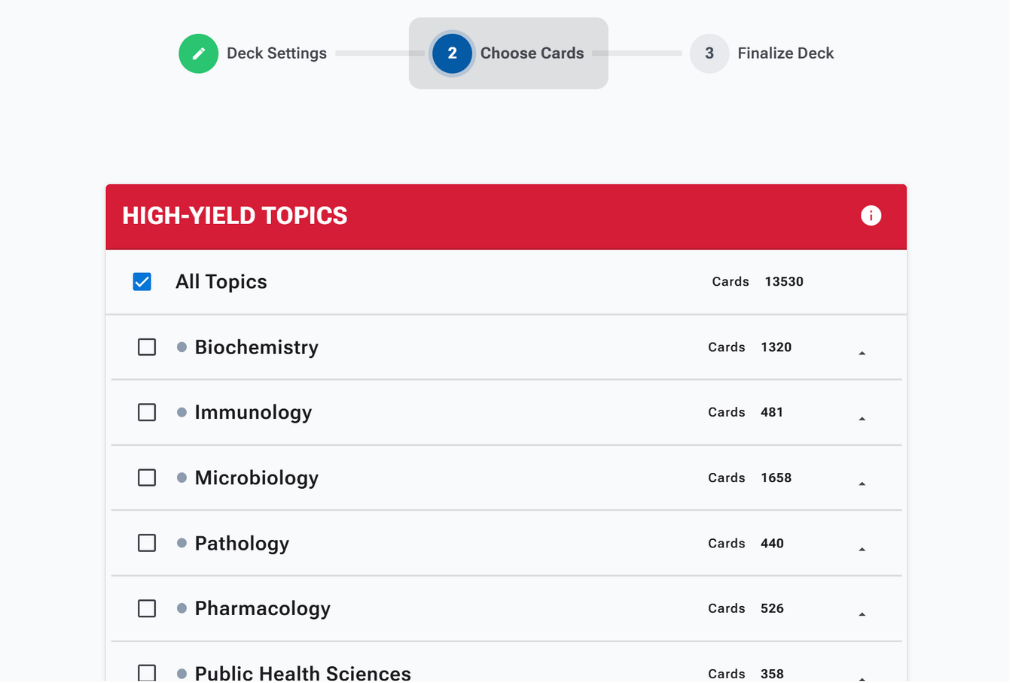 <span class="tour-num">01</span><span class="tour-title">Choose Flashcards</span><p class="tour-desc">Choose the flashcards you want, then press the Create Deck button on the bottom right.</p>